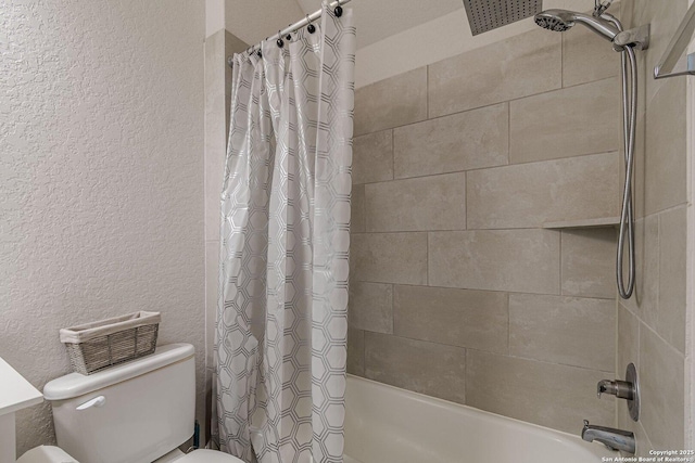 full bath featuring toilet, shower / tub combo, and a textured wall