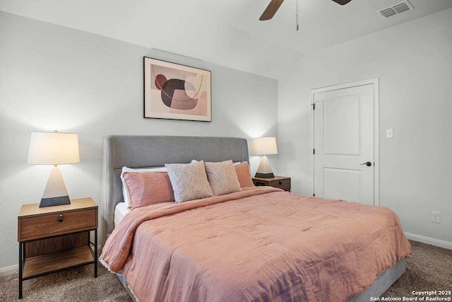 bedroom featuring visible vents, baseboards, ceiling fan, lofted ceiling, and carpet flooring