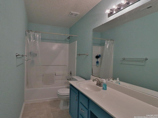 full bathroom with visible vents, a textured ceiling, toilet, and vanity