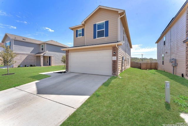 view of front of house featuring a front lawn, driveway, fence, a garage, and brick siding