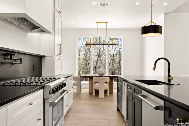 kitchen with visible vents, custom range hood, stainless steel appliances, white cabinetry, and a sink