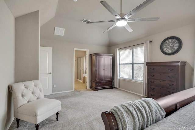 interior space with a ceiling fan, visible vents, baseboards, lofted ceiling, and light colored carpet