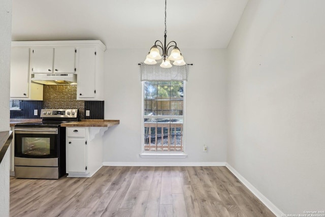 kitchen with stainless steel range with electric cooktop, under cabinet range hood, white cabinetry, tasteful backsplash, and light wood-type flooring