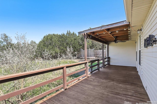 deck with a trampoline and fence