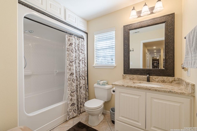 full bath with tile patterned flooring, visible vents, toilet, shower / bath combination with curtain, and vanity