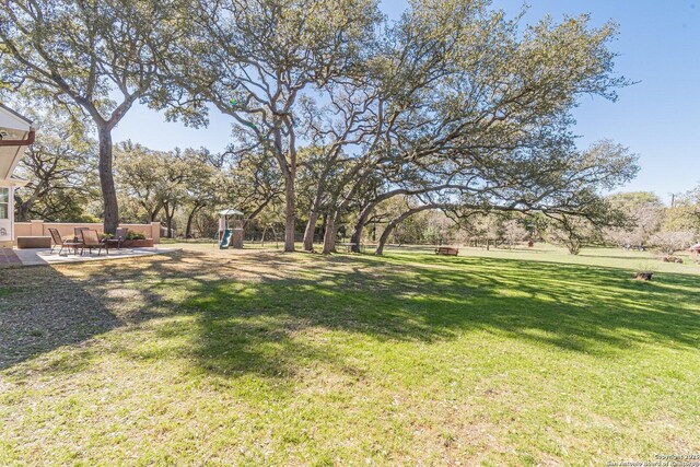 view of yard with a patio area, playground community, and fence