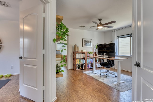 office with visible vents, baseboards, a ceiling fan, and wood finished floors