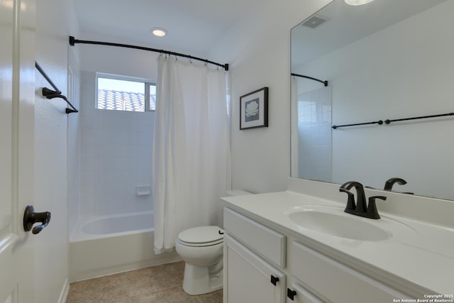 bathroom with tile patterned floors, visible vents, toilet, shower / tub combo with curtain, and vanity