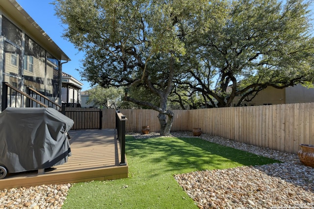 view of yard with a deck and a fenced backyard