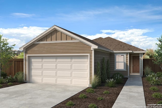 view of front of home with board and batten siding, a shingled roof, an attached garage, and fence