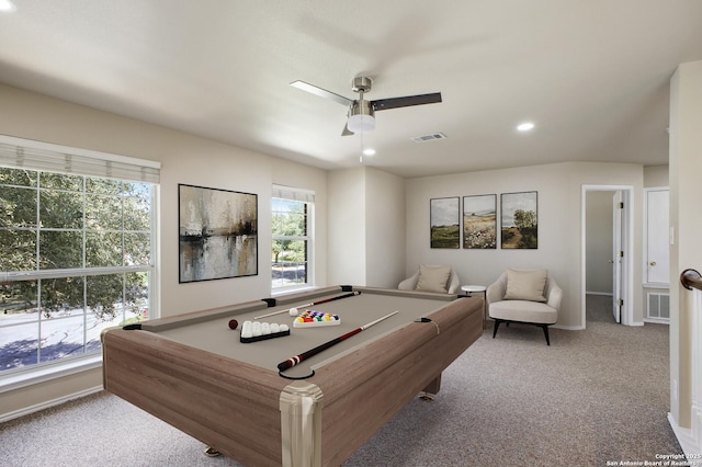 game room with visible vents, ceiling fan, and carpet flooring