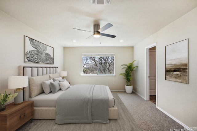 bedroom with visible vents, ceiling fan, baseboards, carpet, and recessed lighting