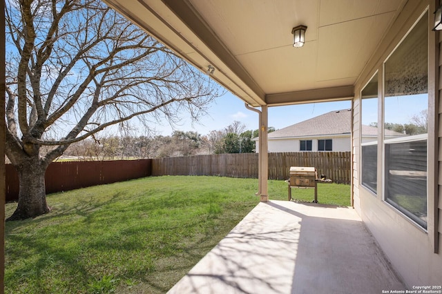 view of yard featuring a patio and a fenced backyard