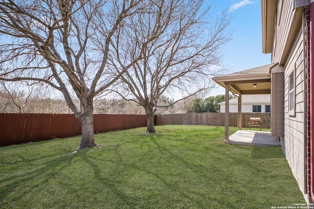 view of yard featuring a patio and a fenced backyard