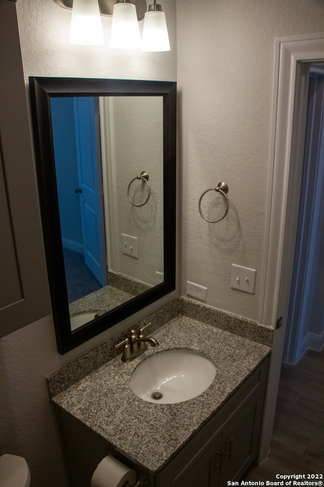 bathroom with vanity, wood finished floors, toilet, and a textured wall