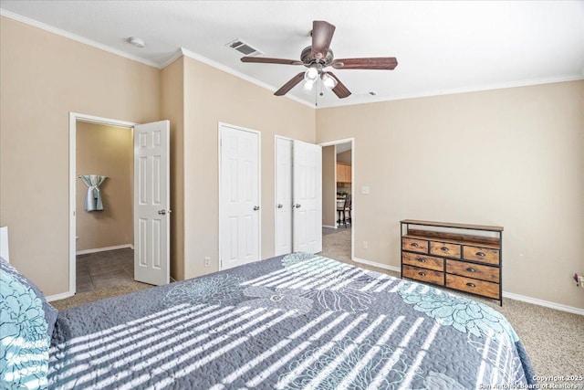 bedroom featuring visible vents, carpet, and ornamental molding