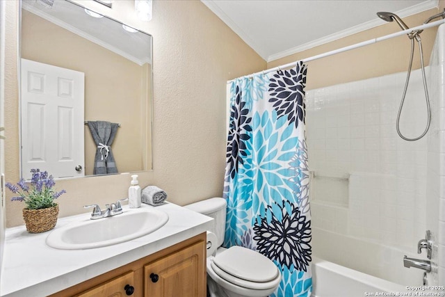 full bath with toilet, ornamental molding, shower / tub combo, a textured wall, and vanity