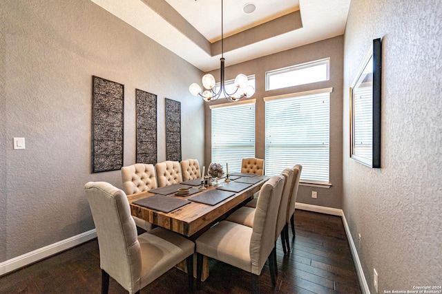 dining space featuring baseboards, a raised ceiling, a healthy amount of sunlight, and dark wood-style floors