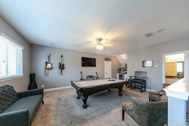 recreation room with billiards, carpet, visible vents, and baseboards