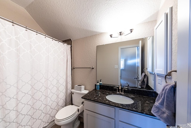 bathroom featuring vanity, lofted ceiling, a textured ceiling, toilet, and a textured wall