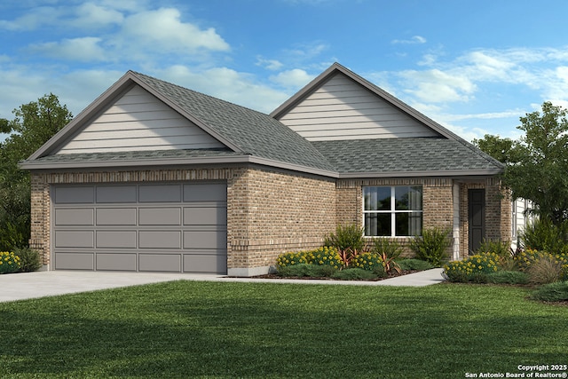 view of front of house featuring a front yard, driveway, an attached garage, a shingled roof, and brick siding