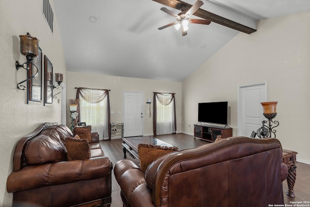 living area with visible vents, ceiling fan, beam ceiling, wood finished floors, and high vaulted ceiling