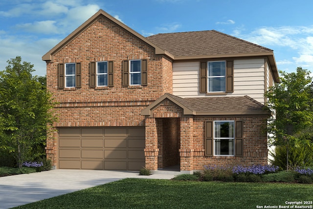 traditional-style house with driveway, a front lawn, roof with shingles, an attached garage, and brick siding