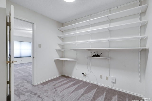 laundry area featuring a textured ceiling, baseboards, and carpet