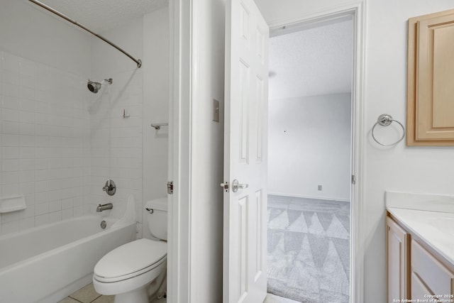 full bathroom with a textured ceiling, shower / tub combination, vanity, and toilet