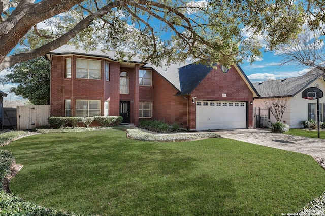 traditional-style home featuring a garage, brick siding, driveway, and fence