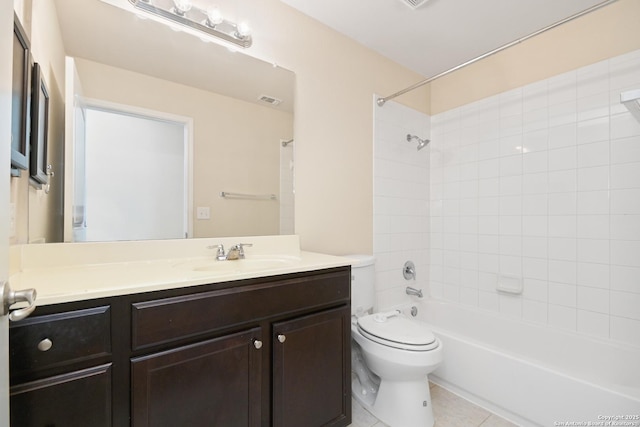 bathroom featuring vanity, visible vents, bathtub / shower combination, tile patterned floors, and toilet