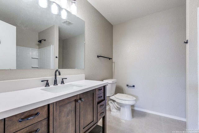 full bathroom with vanity, visible vents, a shower, tile patterned floors, and toilet