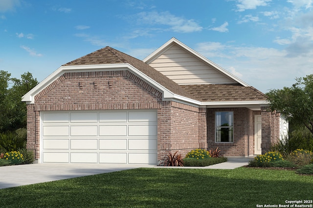 single story home featuring an attached garage, a shingled roof, a front lawn, concrete driveway, and brick siding