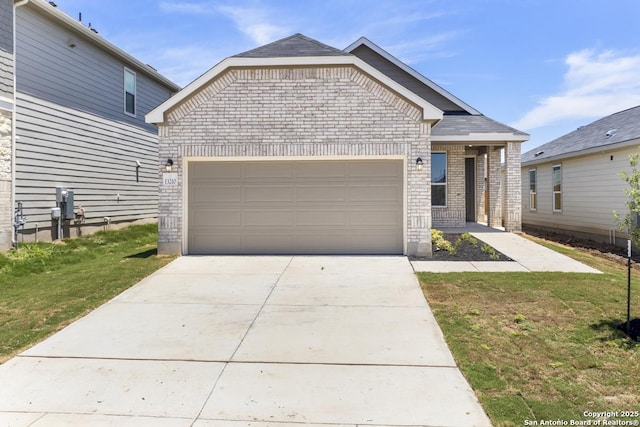 13210 Club House Blvd, San Antonio, TX 78221 - view of front facade featuring brick siding, a garage, concrete driveway, and a front lawn