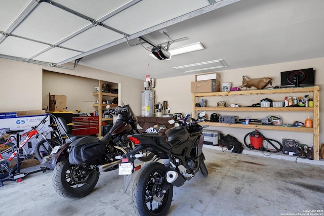 garage with a garage door opener and water heater