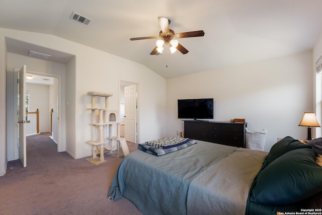 bedroom with visible vents, ceiling fan, carpet, and lofted ceiling