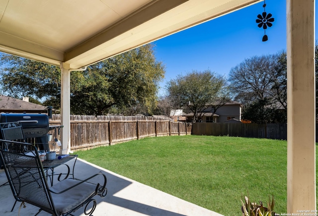 view of yard featuring a patio and a fenced backyard