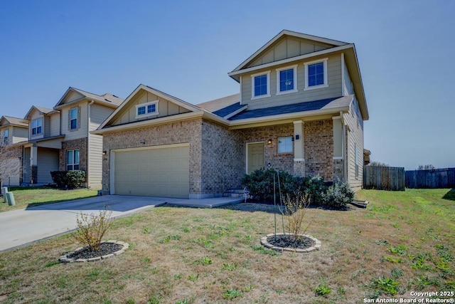 view of front of home featuring brick siding, board and batten siding, concrete driveway, and a front lawn