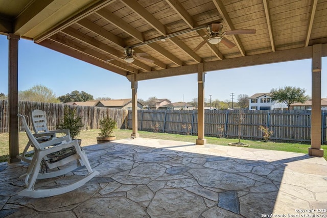 view of patio / terrace featuring a fenced backyard and ceiling fan