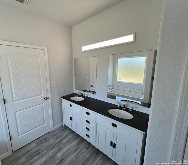 bathroom with double vanity, wood finished floors, and a sink