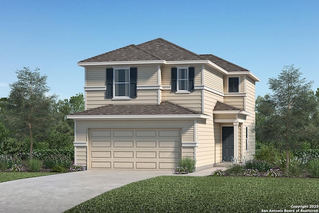 traditional-style home with an attached garage, concrete driveway, a front yard, and a shingled roof