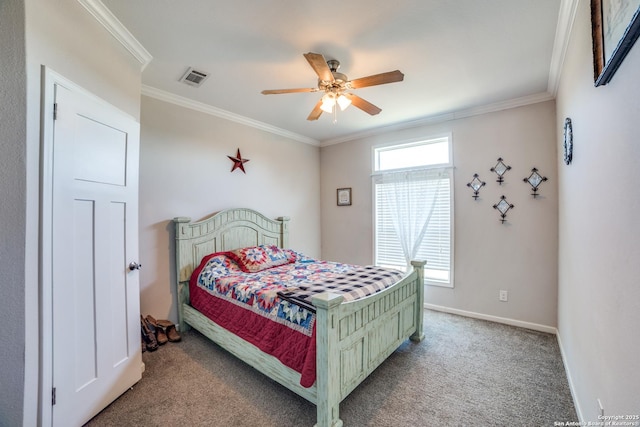 carpeted bedroom with ceiling fan, visible vents, baseboards, and ornamental molding