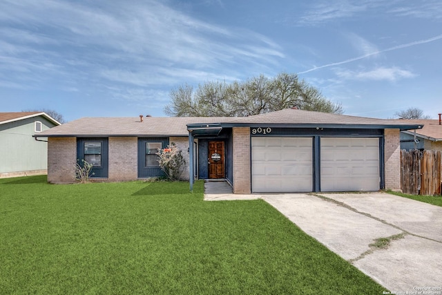 ranch-style home featuring fence, driveway, an attached garage, a front lawn, and brick siding