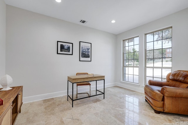 office space featuring visible vents, recessed lighting, marble finish floor, and baseboards