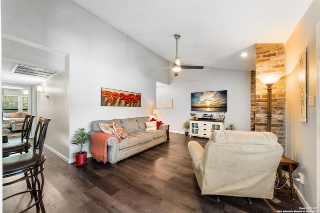 living area featuring a ceiling fan, baseboards, visible vents, high vaulted ceiling, and dark wood finished floors