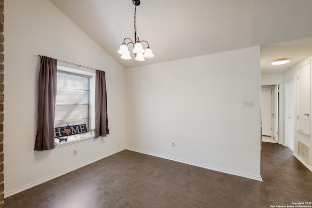 spare room featuring vaulted ceiling, baseboards, visible vents, and a chandelier