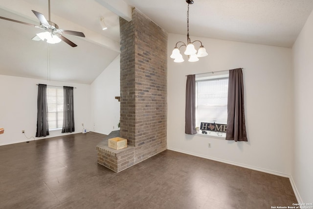 spare room with beamed ceiling, a ceiling fan, baseboards, and high vaulted ceiling