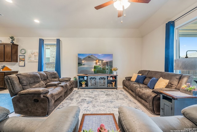 living area with recessed lighting and a ceiling fan