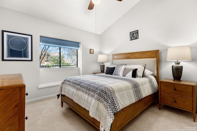 bedroom with baseboards, lofted ceiling, carpet, and ceiling fan