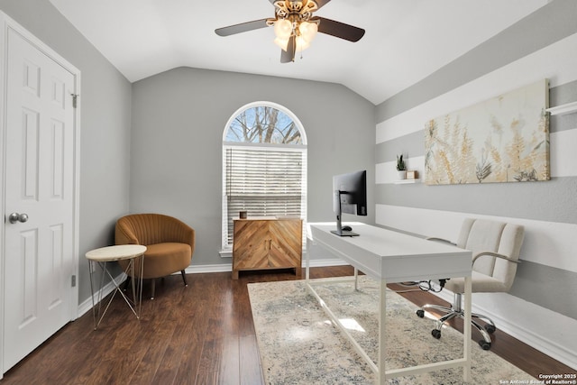 office area with wood finished floors, a ceiling fan, baseboards, and vaulted ceiling